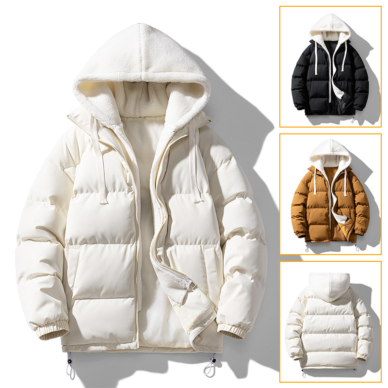 Trendy men's padded jacket with patchwork hood and faux two-piece design, Korean style, trendy couple style, puffer jacket.