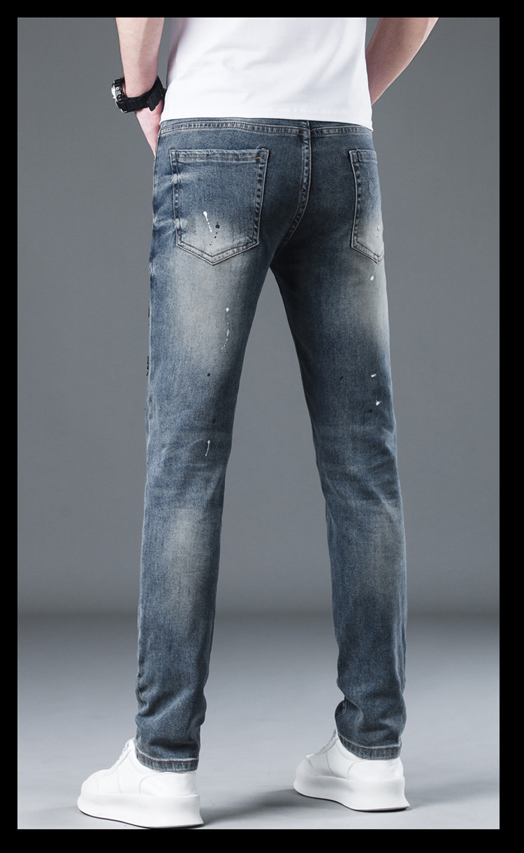 Men's Embroidered Jeans Slim Fit Torn Patches Versatile Trousers_voghion.com