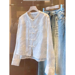 新中国式重工刺繍盤ボタンシャツ女性夏高級軽国風禅意日焼け止め薄いコート上着
