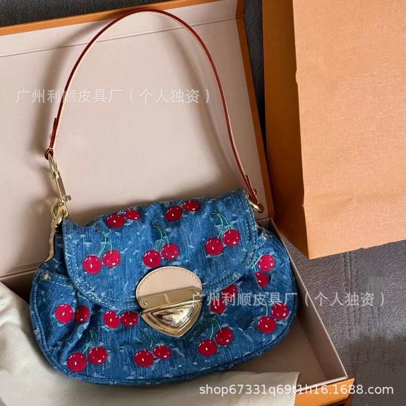 High-Quality Foreign Trade Cherry Series Ingot Denim Denim Handbag Underarm Embroidery Single Shoulder Hobo Underarm Bag
