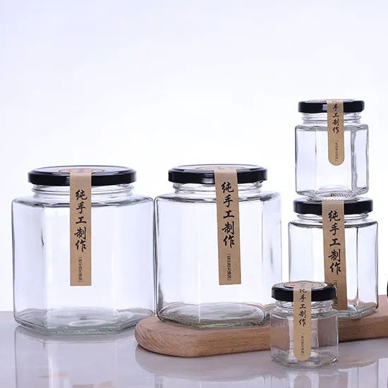 透明六棱玻璃密封瓶包装瓶辣酱果酱瓶食品级带盖蜂蜜多功能储物罐