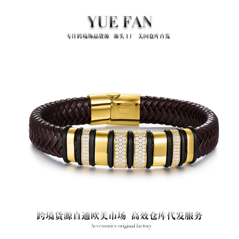 Cross-border New Men's Leather Mosan Bracelet Vintage Striped Woven Joker Jewelry Engraved Diy Name