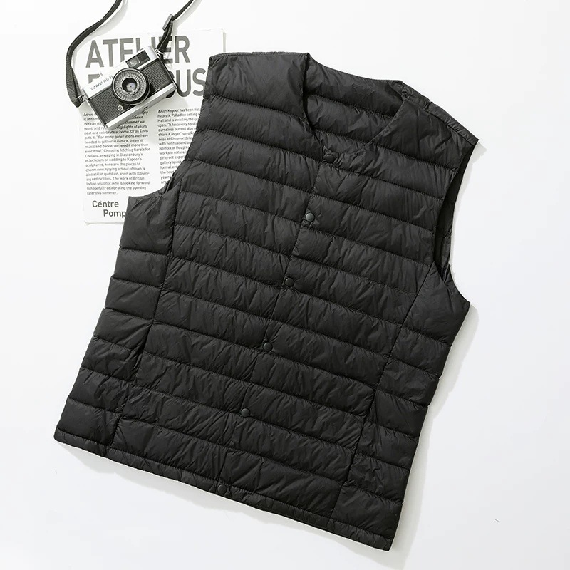 Men's down-filled vest, collarless, new V-neck, lightweight down jacket, warm, suitable for layering, plus size.