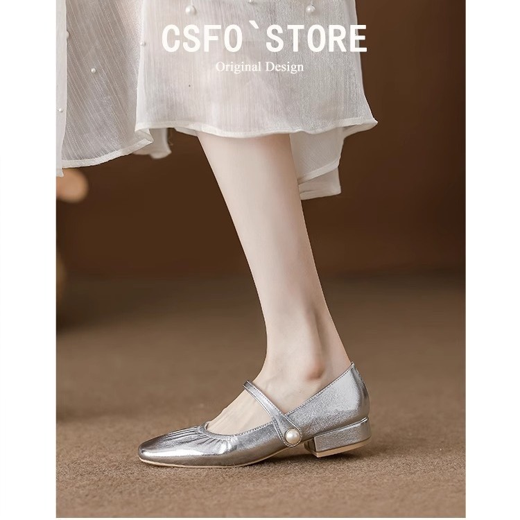 Piel de oveja suave perla francés Mary Jane zapatos de mujer 2025 nuevos zapatos de boca baja zapatos suaves de cuero de tacón medio de otoño y verano