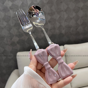 ✅ Purple Bow 304 Stainless Steel Spoon and Fork Combination Ceramic Handle Main Table Spoon Western Food Fork Steak