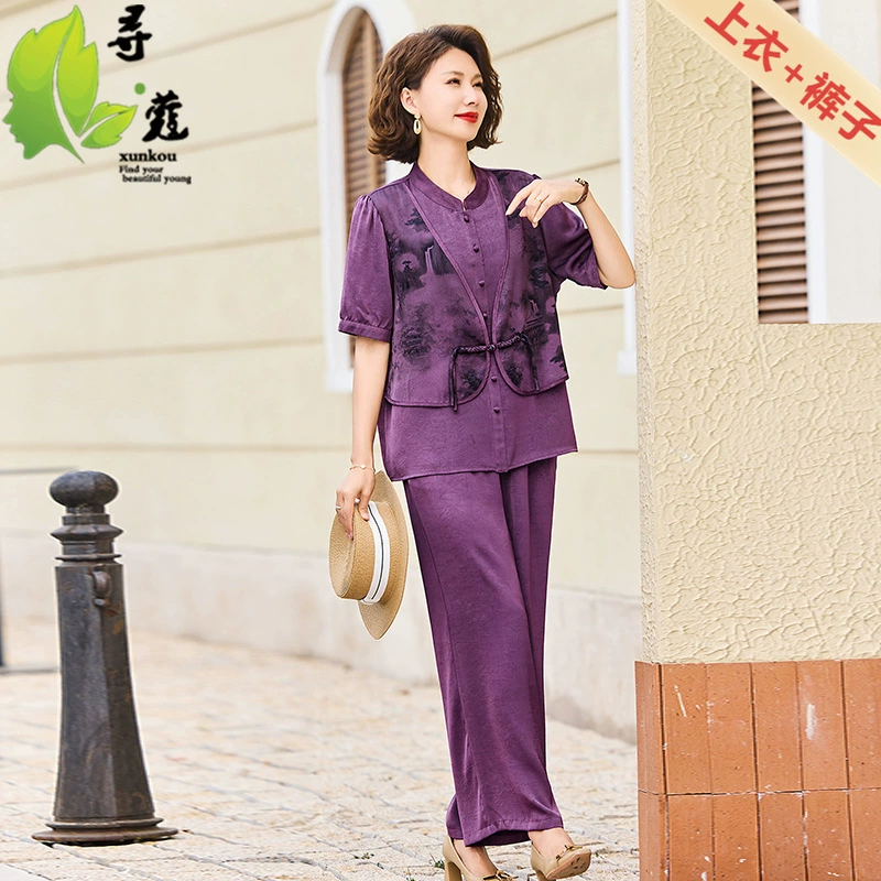 Модная женская мама большого размера летняя сумка с короткими рукавами темпераментная тонкая средняя и пожилая одежда из двух частей 40-60 лет