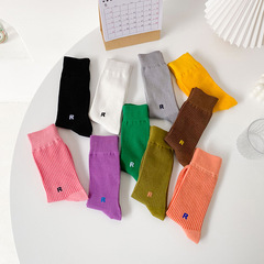 秋冬新款女士R標堆堆襪ins潮日系糖果色女襪韓版條紋高筒棉襪批發