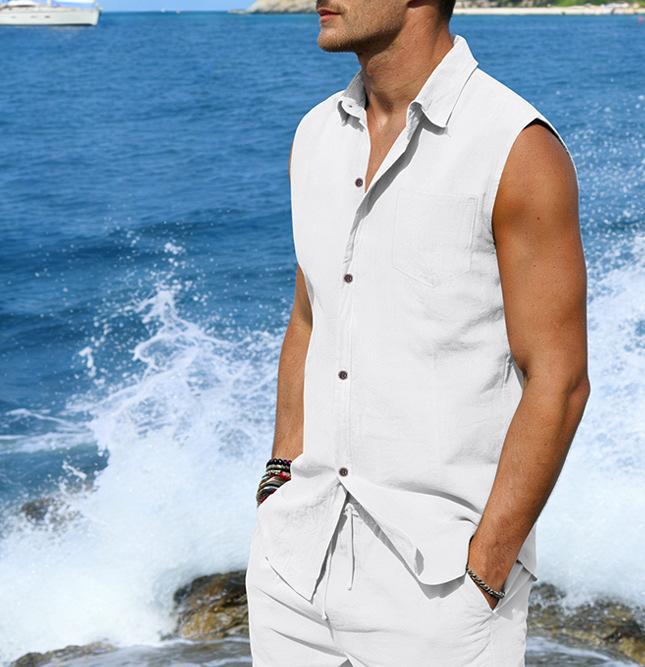 Chaleco de lino sin mangas para hombre estilo casual verano_voghion.com