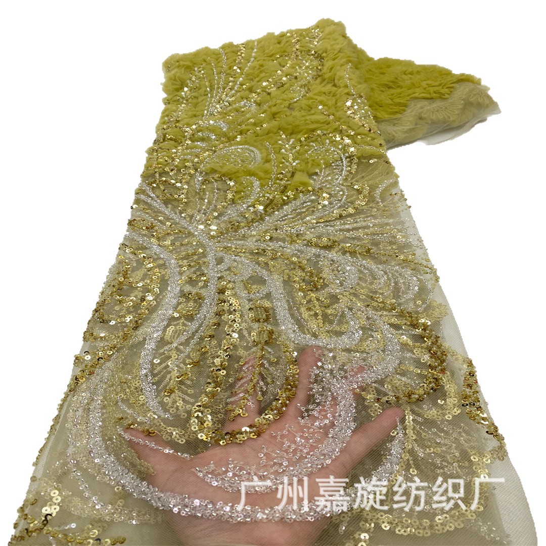 Placa tridimensional de encaje tubo de perlas de posicionamiento flor grande vestido de boda tela alta fijación vestido de banquete rendimiento T pasarela tela bordada