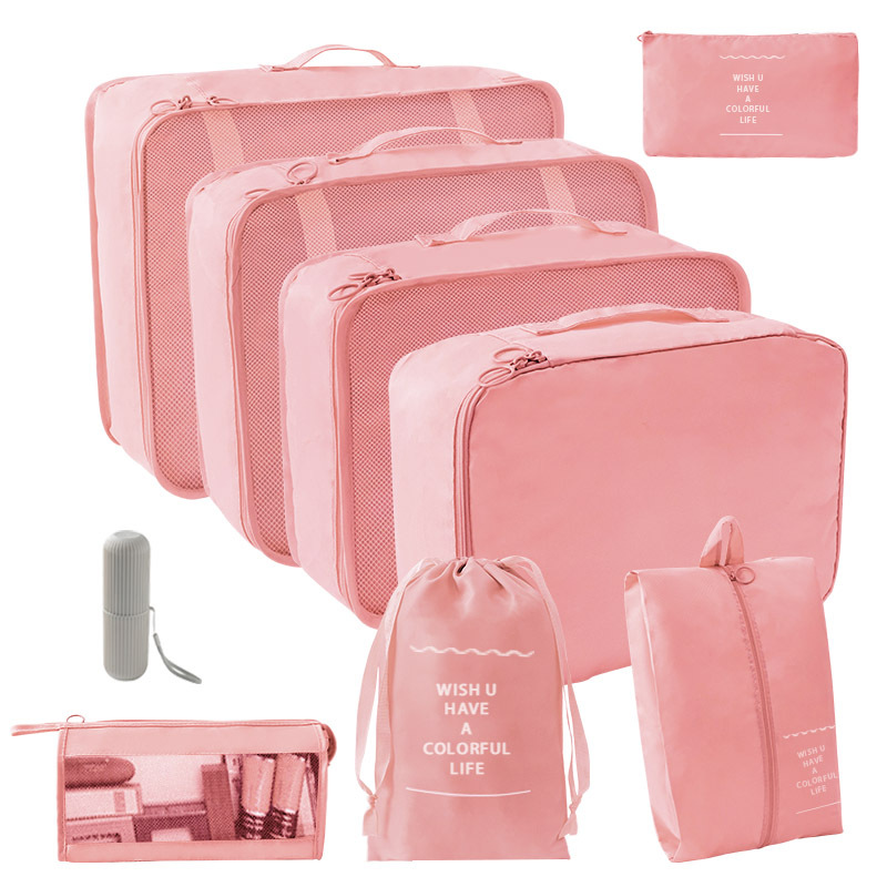 핑크 화장품 가방 9 피스 세트 “7 피스 세트 + 트라이앵글 백 + 워시 컵]