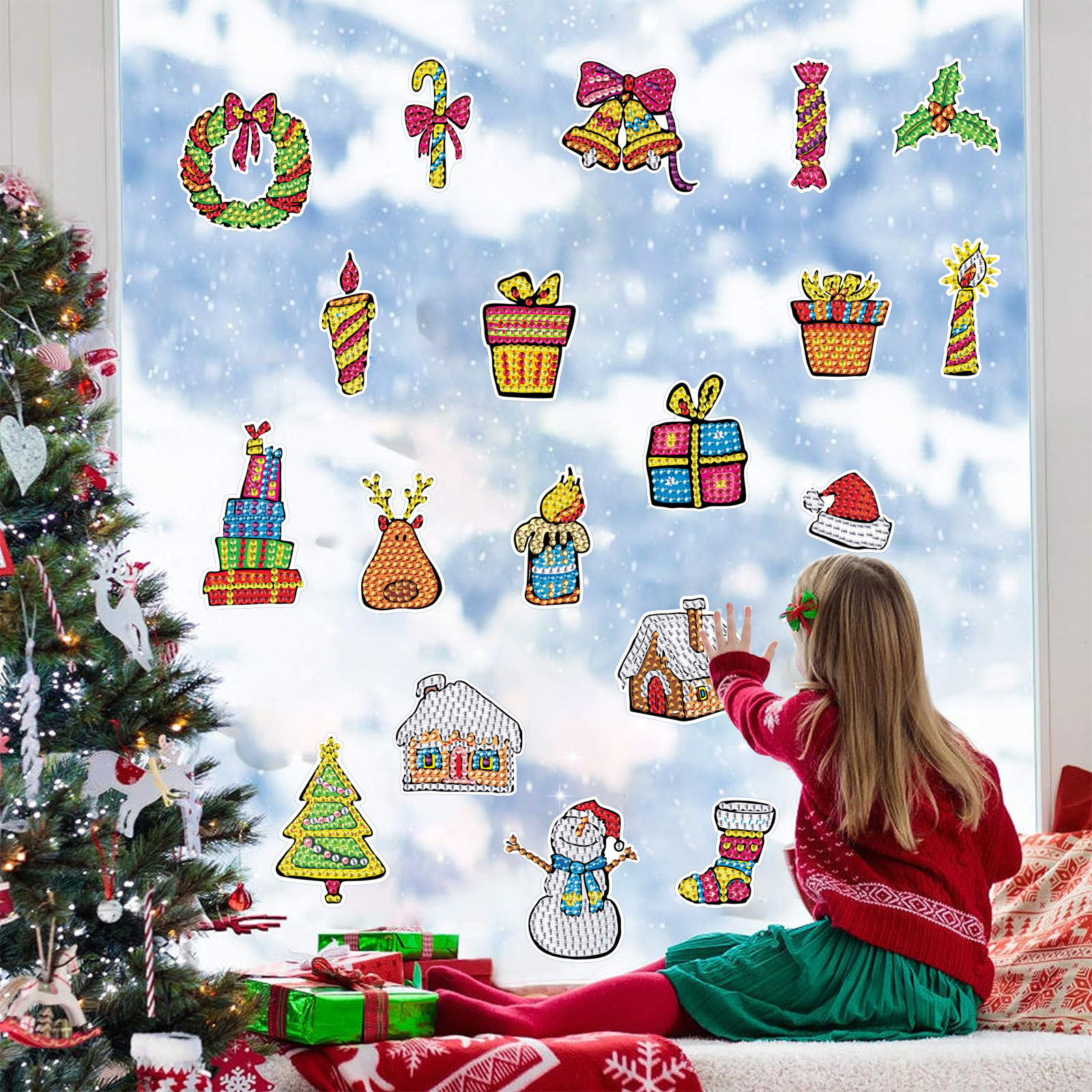 Navidad muñeco de nieve caramelo diamante pintura pegatinas gratis DIY ladrillo pintura dibujos animados pegatinas hechas a mano cristal brillante diamante Venta caliente