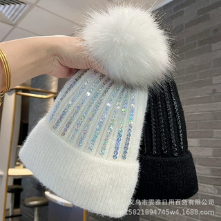 秋冬新款亮片毛球毛线帽子女可爱百搭韩版户外保暖加绒加厚针织帽