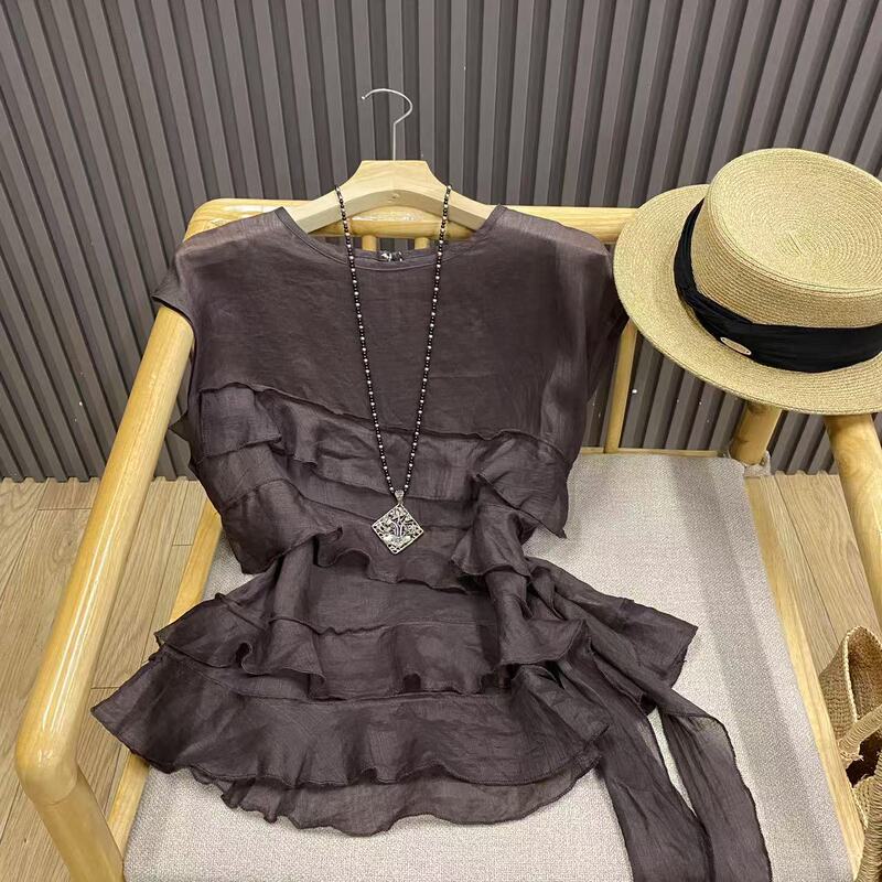 Summer Ramie Cotton Ruffle Edge Patchwork Tie Pullover Flutter Sleeve Blouse Loose Age-Reducing Sleeveless Shirt for Women C26115
