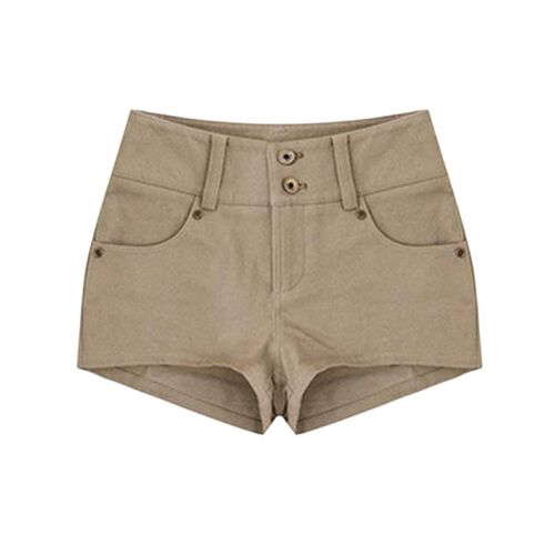 Khaki-colored American-style high-waisted, figure-flattering, bodycon denim shorts—perfect for bold, laid-back, and casual wide-leg pants this summer!