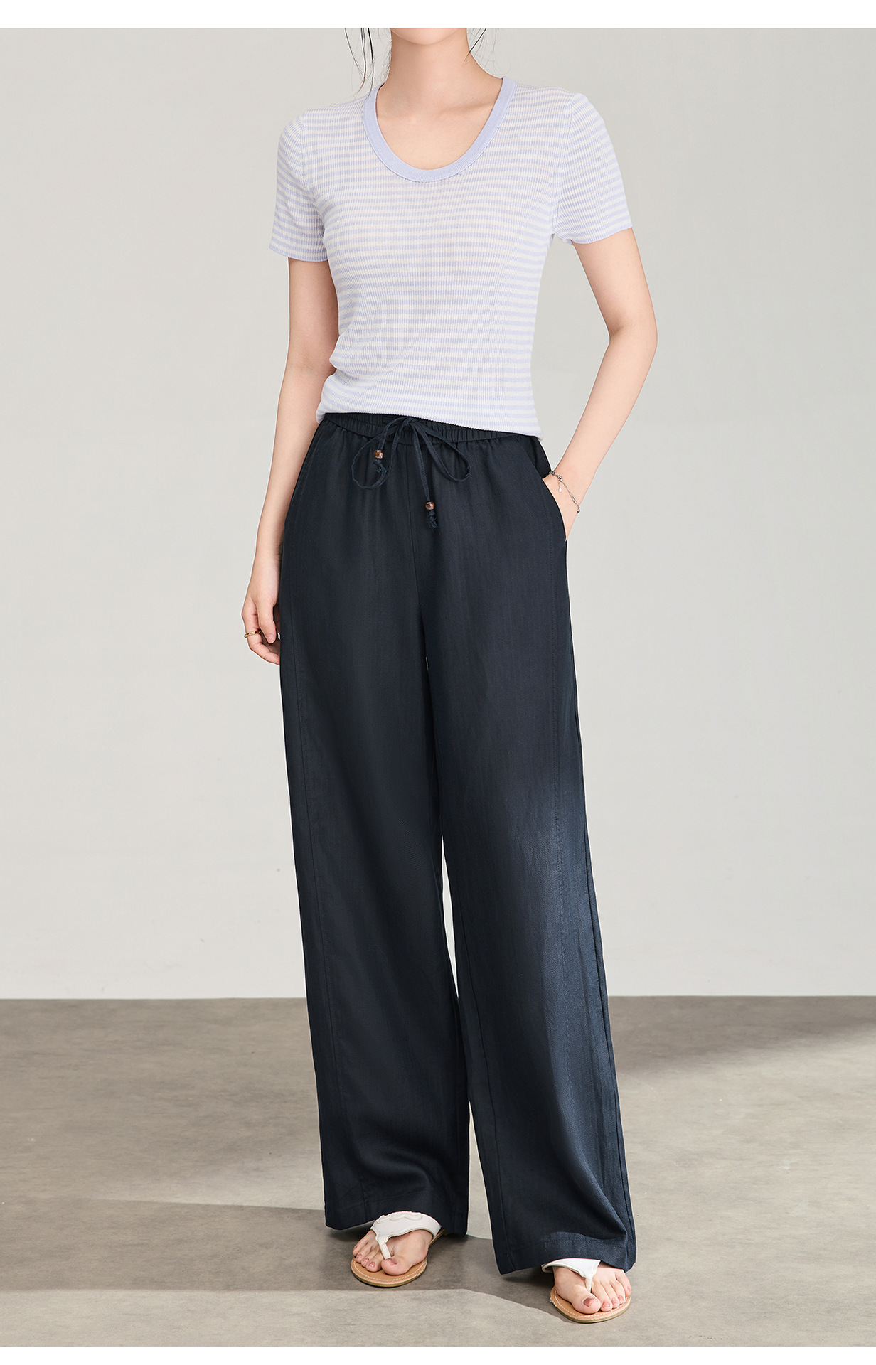 Quần culottes nữ ống rộng chất liệu linen phối lụa, cạp chun rút dây, dáng suông mềm mại — màu xanh táo chi tiết 22