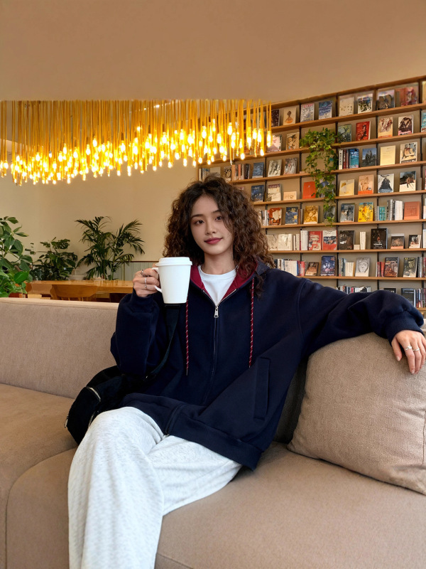 美式复古撞色连帽拉链卫衣外套女秋季休闲宽松开衫慵懒风灰色上衣|undefined