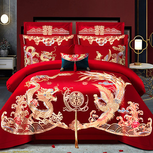 Wedding Four-Piece Set with Red Dragon and Phoenix Embroider, Newlywed Sixty-Eighty-Piece Set, Wedding Celebration Set, Embroidered Bedding