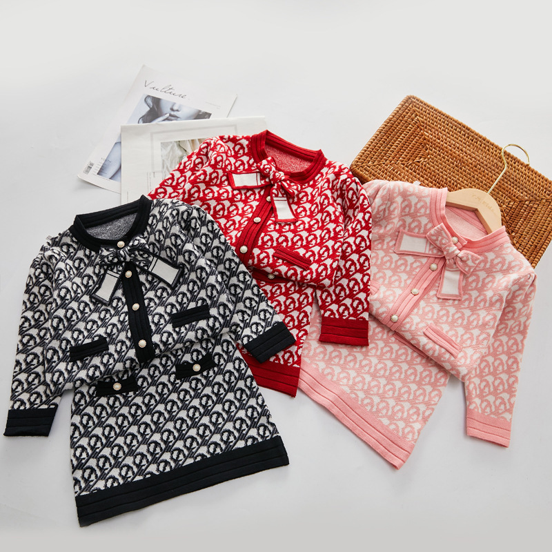 Meisjestrui 2022 Herfst/Winter Kleine Geurige Wind Kinderen Gebreid Vest + Halve Rok Tweedelige Set_voghion.com