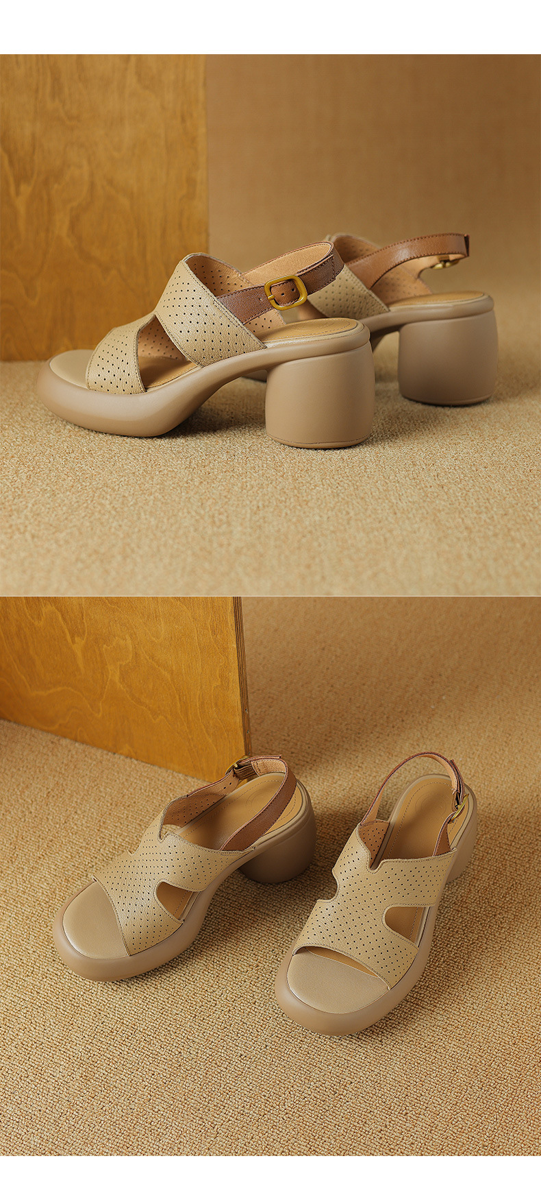 Sandal cao gót hở mũi nữ đế dày da cừu quai ngang đục lỗ — Màu trắng be chi tiết 13