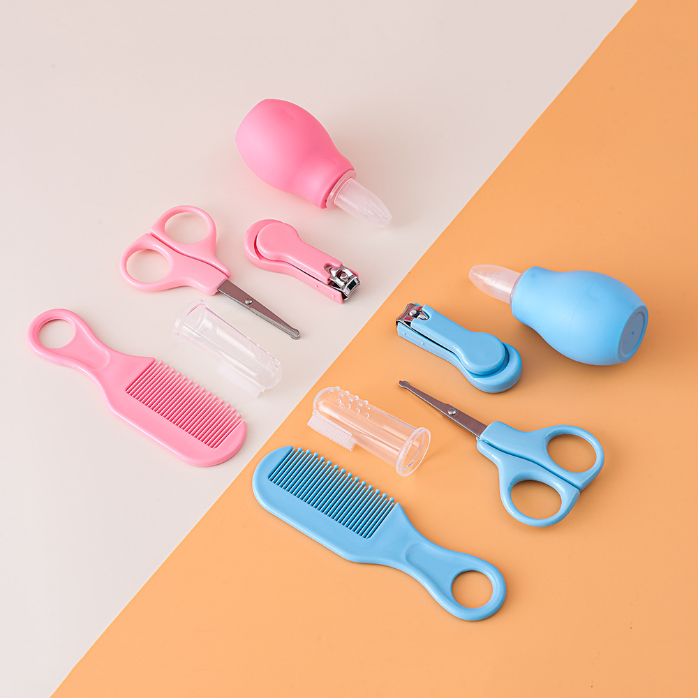 Juego de limpieza para bebés transfronterizo, aspirador nasal para bebés, cepillo de dientes para dedos, tijeras de seguridad, cortaúñas, peine pequeño, juego de 5 piezas