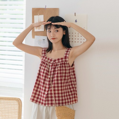 Huangzheng Day Series Sweet Cotton Linen Check Gown Blouse Women 2024 Summer New Loose Single Button Top