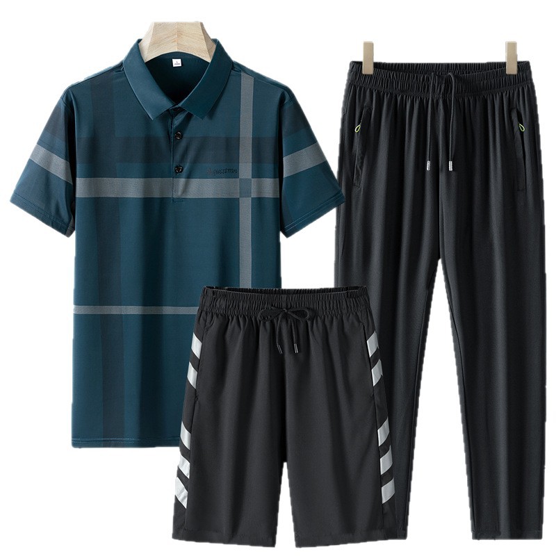 Papá traje deportivo de verano para hombre seda de hielo POLO camiseta de solapa transpirable de secado rápido traje de tres piezas de ropa casual de mediana edad y ancianos image 6