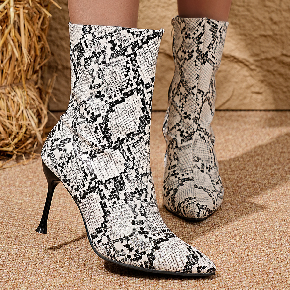 Women's Autumn Pointed Toe High Heel Fashion Boots Plus Size Stiletto Heel Cross Zipper Color Block Martin Boots_vogvips.com