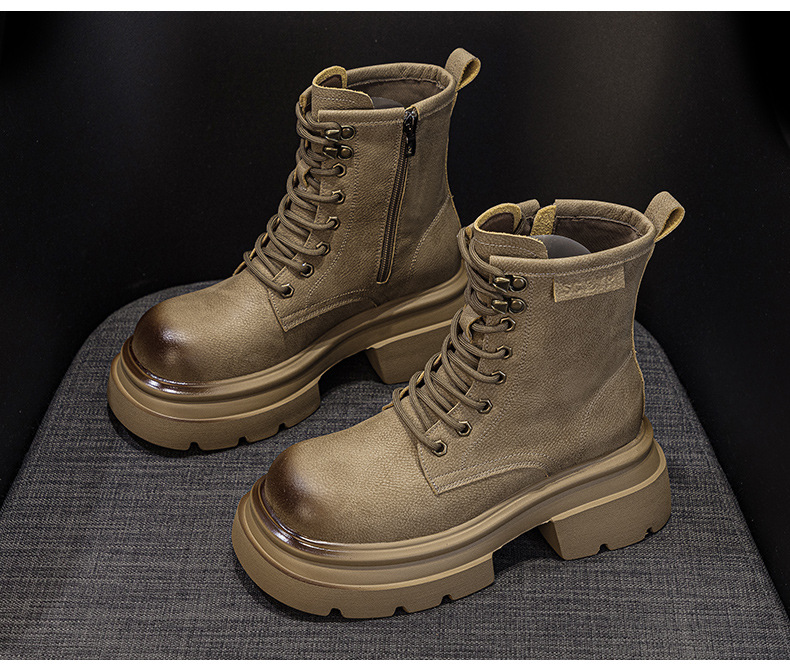 Giày boot Martin da đế dày cổ ngắn mũi rộng phong cách retro — M2633 màu vàng một lớp lót trong, M2633-1 vàng lót nhung, M2633-1 kaki lót nhung, M2633 kaki một lớp bên trong chi tiết 20