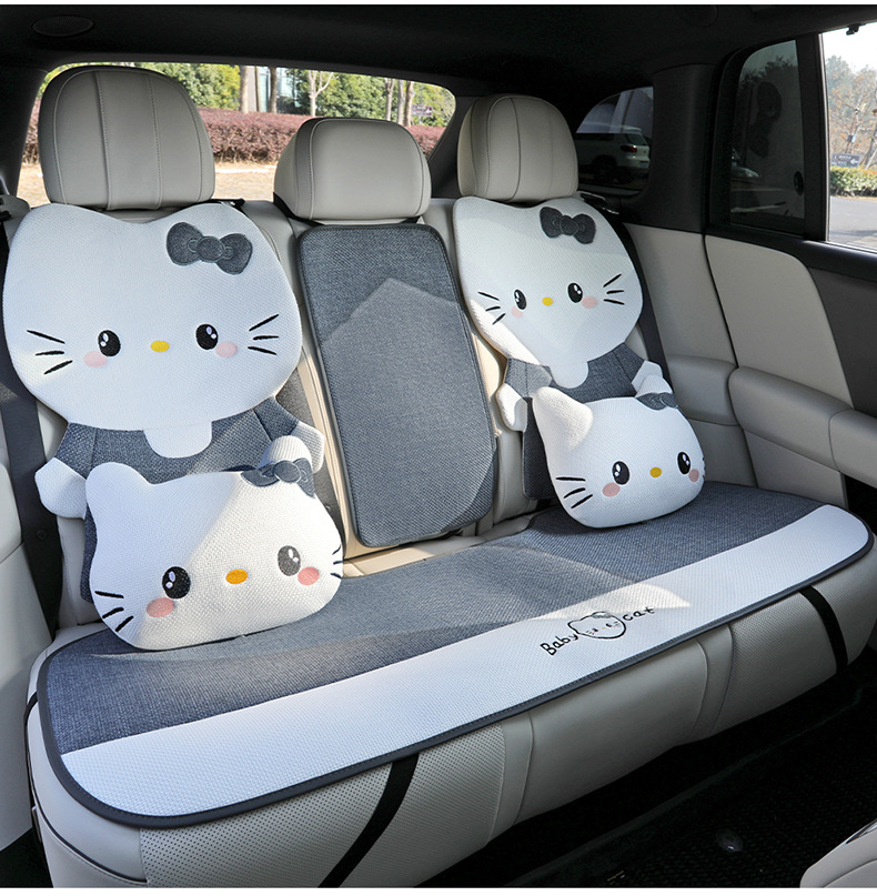26 new linen car seat cushions, suitable for all seasons, breathable for summer, cute cartoon KT cat design for women, rear seat covers