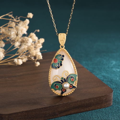 Chinese style cheongsam and Hanfu accessories copper-plated 24K gold inlaid imitation Hetian jade pendant enamel cloisonné necklace