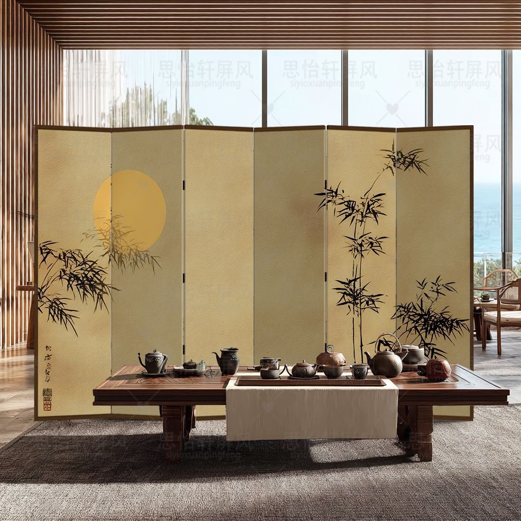 Screen Partition Living Room Baffle New Chinese Style Screen Entrance Tea Room Tea House Foldableing Removable Bamboo Double-Sided Folding Screen