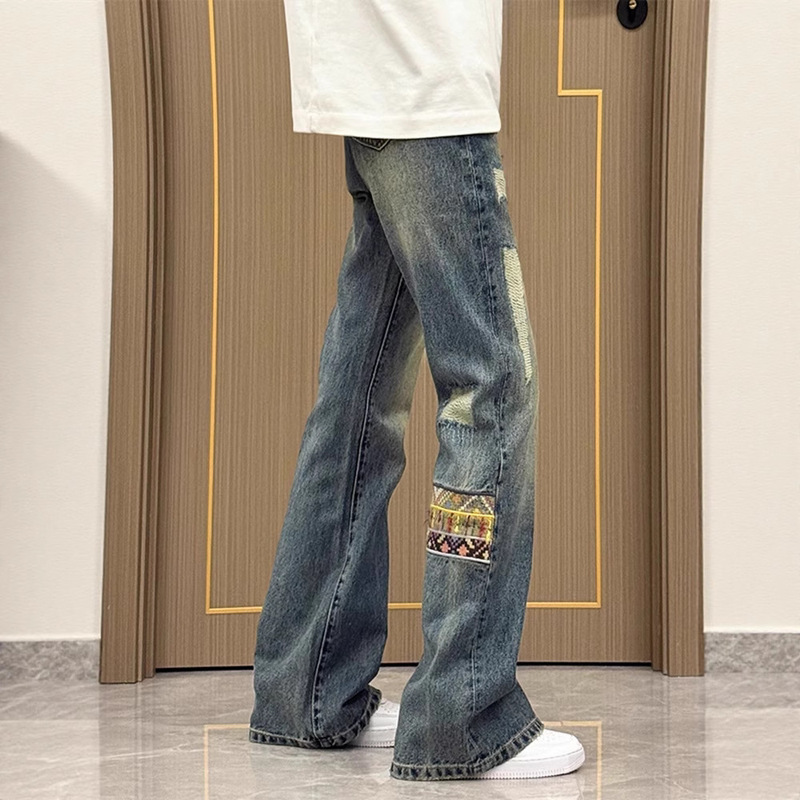 Ethnic Style Patchwork Denim Jeans for Men, American Retro Pants, Clean Fit, Drapey Straight-Leg Flared Pants, Trendy