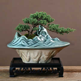 网红远山粗陶破口盆禅意山水盆景苔藓绿植造型专用花盆客厅装饰盆