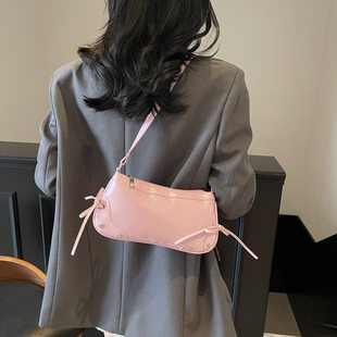 Solid color trend underarm bag, one-shoulder bag, fashionable purse with bow, city style