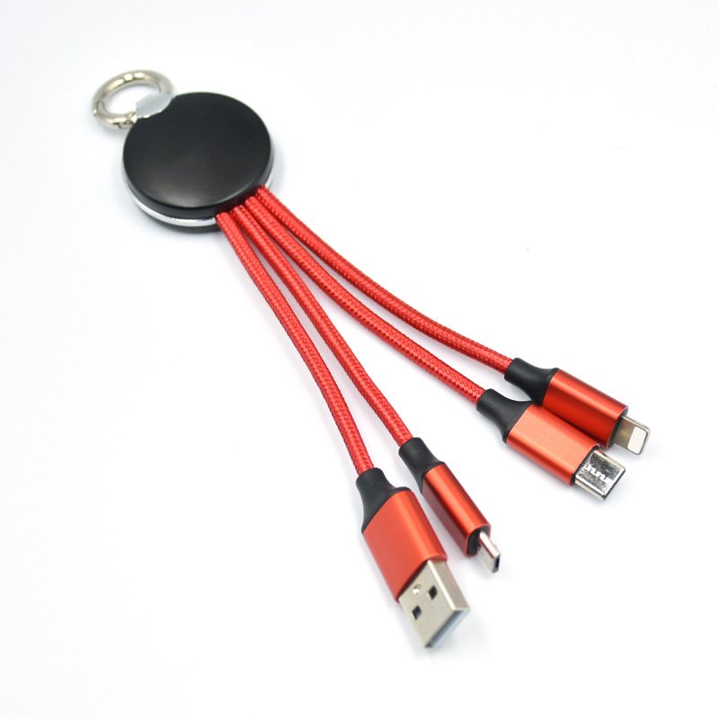 Cable de carga 3 en 1 Tejido Keychain Show pequeño regalo de teléfono móvil empresa iluminante LOGO un arrastrar tres cables de datos