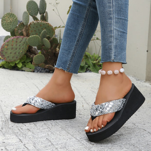 2025 Summer New Herrickway Sequins Thick Bottom Wedge Round Head Slip-on Beach Sandals Sandals Women Wholesale