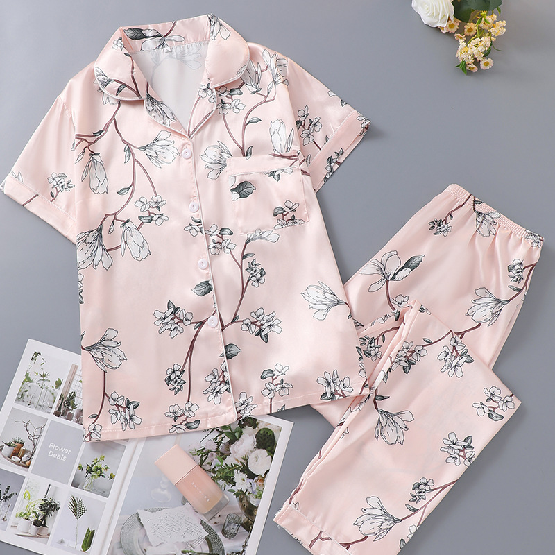 국경 간 대외 무역 시뮬레이션 실크 반팔 바지 인쇄 홈웨어 여성 잠옷 세트 여름 여성 스타일 편안하고 통기성