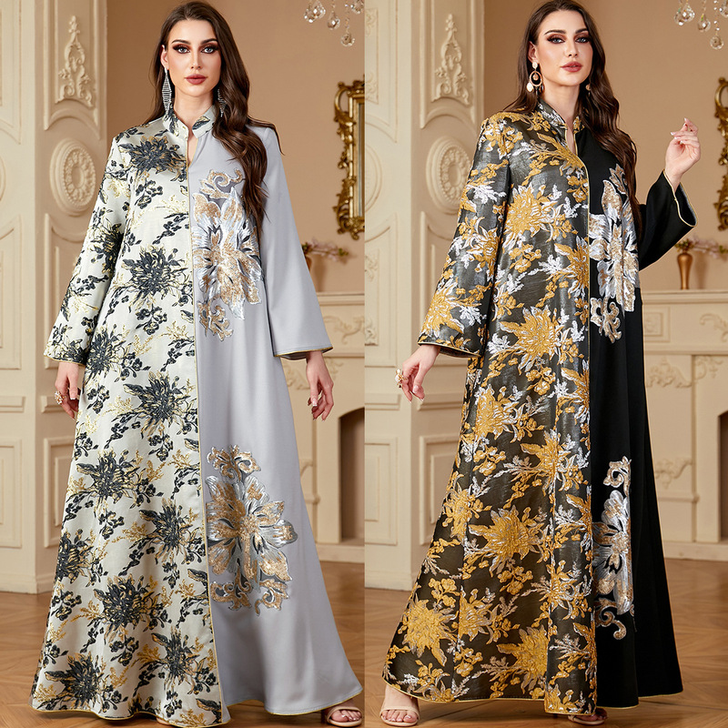 4150 Cross-Border Women's Jacquard Robe with Contrasting Color Patchwork Long Dress V-Neck Dress