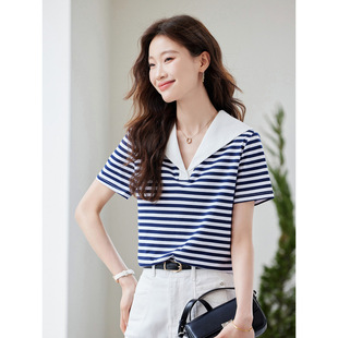 Holiday Navy Style Refreshing Striped Large Lapel Shirt 2025 Summer New Contrast Color Splicing Short Sleeves