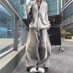 美式复古水洗做旧灰色泼墨弯刀牛仔裤男女潮牌街头宽松阔腿裤子潮