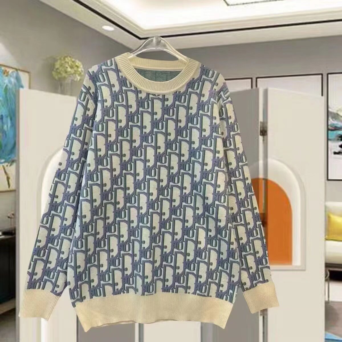 Trendy Autumn and Winter Couple Retro Old Floral Full Print Letter Round Neck Long Sleeve Sweater Women's Casual Loose Knit Top