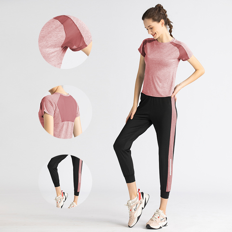 Juyi Tang ropa de yoga de dos piezas de malla camisa de manga corta para correr ropa deportiva de calcetín