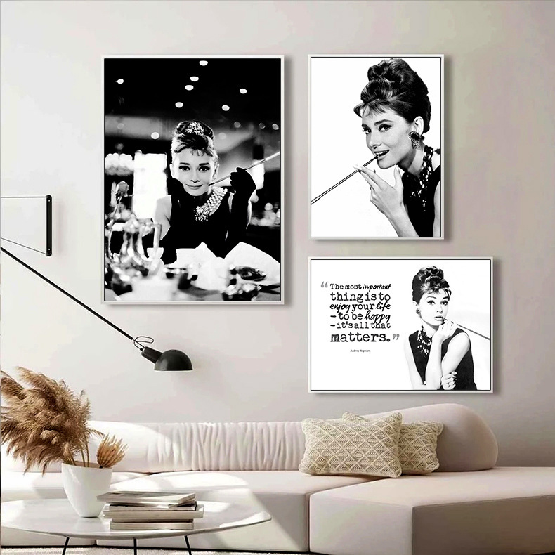 亚马逊热销奥黛丽赫本明星海报经典电影黑白肖像餐厅卧室挂画画芯