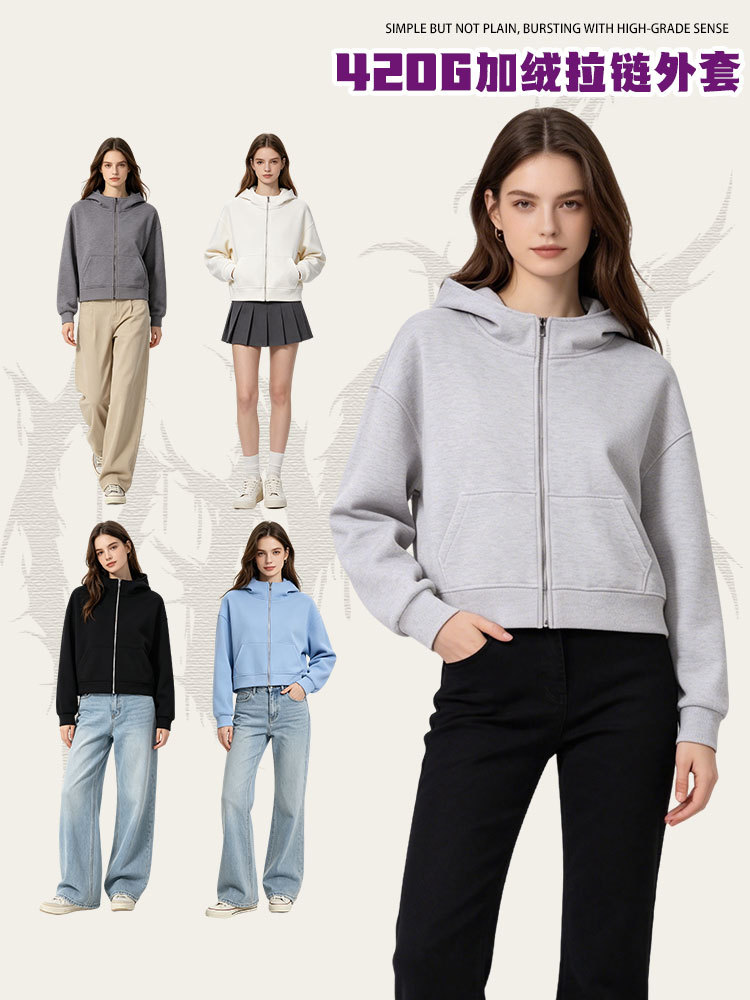 Ropa de mujer corta estilo coreano simple cuello alto con chaqueta con cremallera con capuchón de vello otoño y invierno pesado 420g suéter de algodón de isla