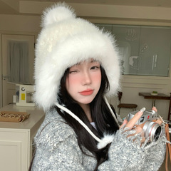 日系可爱毛球帽秋冬季帽子女款大头围显脸小保暖帽时尚百搭雷锋帽