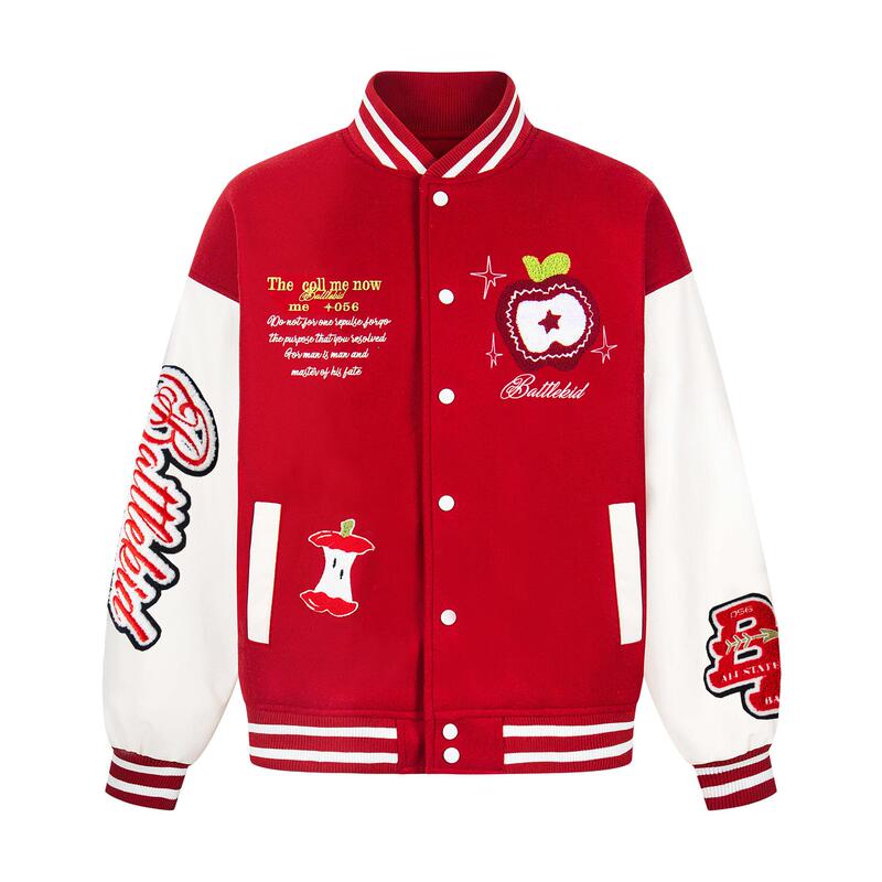 Vintage Chinese-Style Flocked Apple Towel Embroidered Baseball Jacket for Men and Women, American High Street Fashion Brand Color-Blocking Jacket
