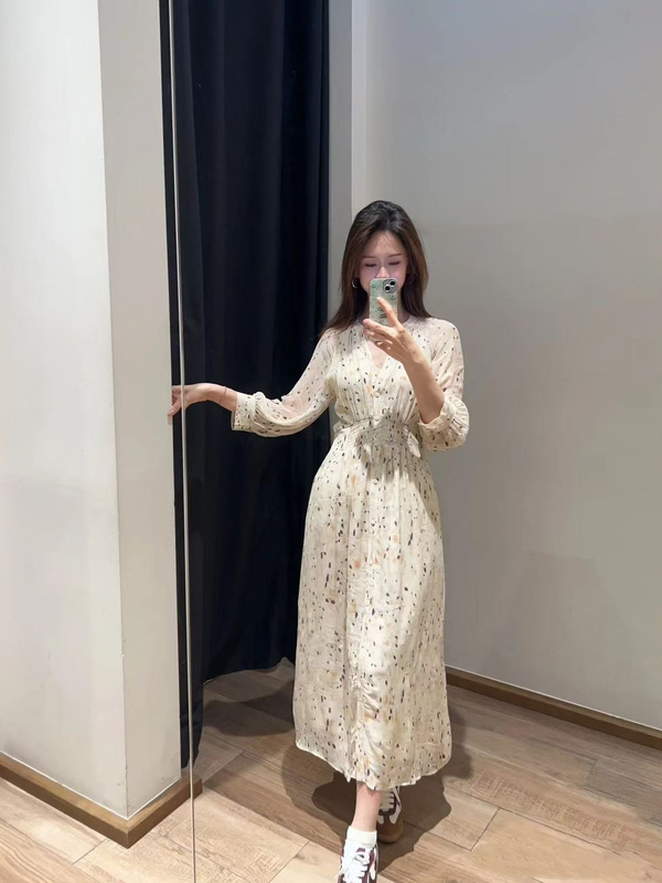BA法式波西米亚风碎花裙女式印花裙V领收腰显瘦中长款连衣裙优雅|undefined