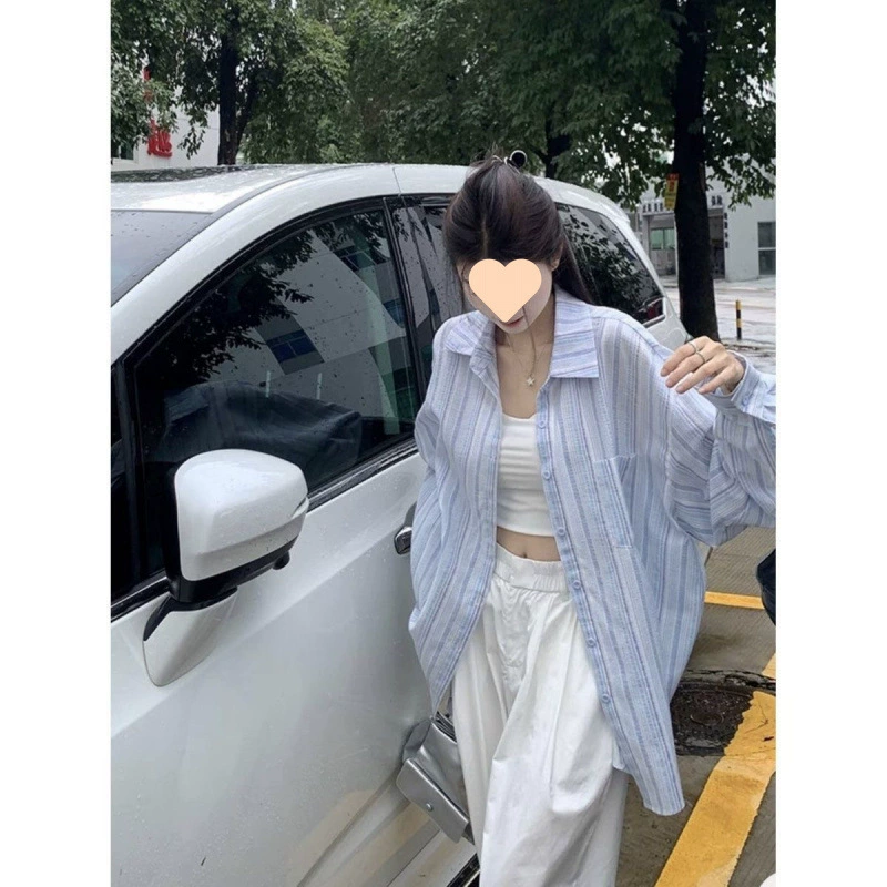 Летняя солнцезащитная рубашка с длинными рукавами в полоску допамина для женщин, новая солнцезащитная рубашка для женщин, которую можно носить на улице с кардиганом