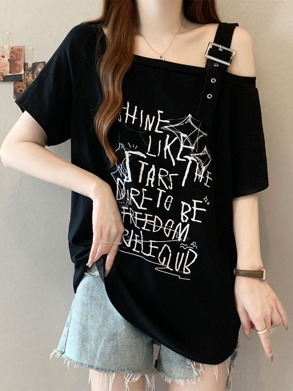 新款纯棉美式辣妹斜肩短袖t恤女夏季设计感露肩甜酷宽松显瘦上衣|undefined