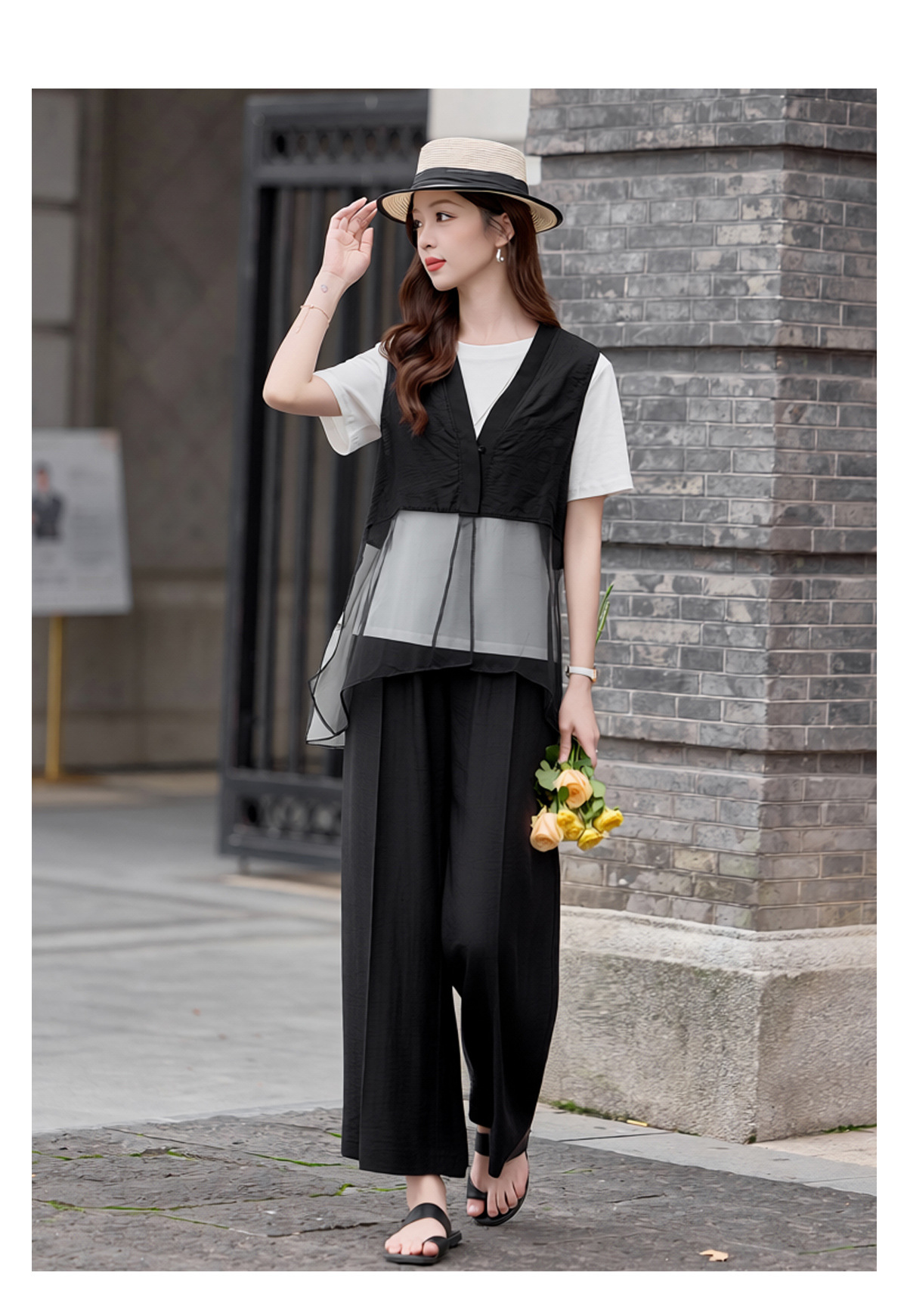 Bộ quần áo nữ V-neck vest kết hợp quần ống rộng hai mảnh mùa hè 2026 — màu đen, màu cà phê chi tiết 23